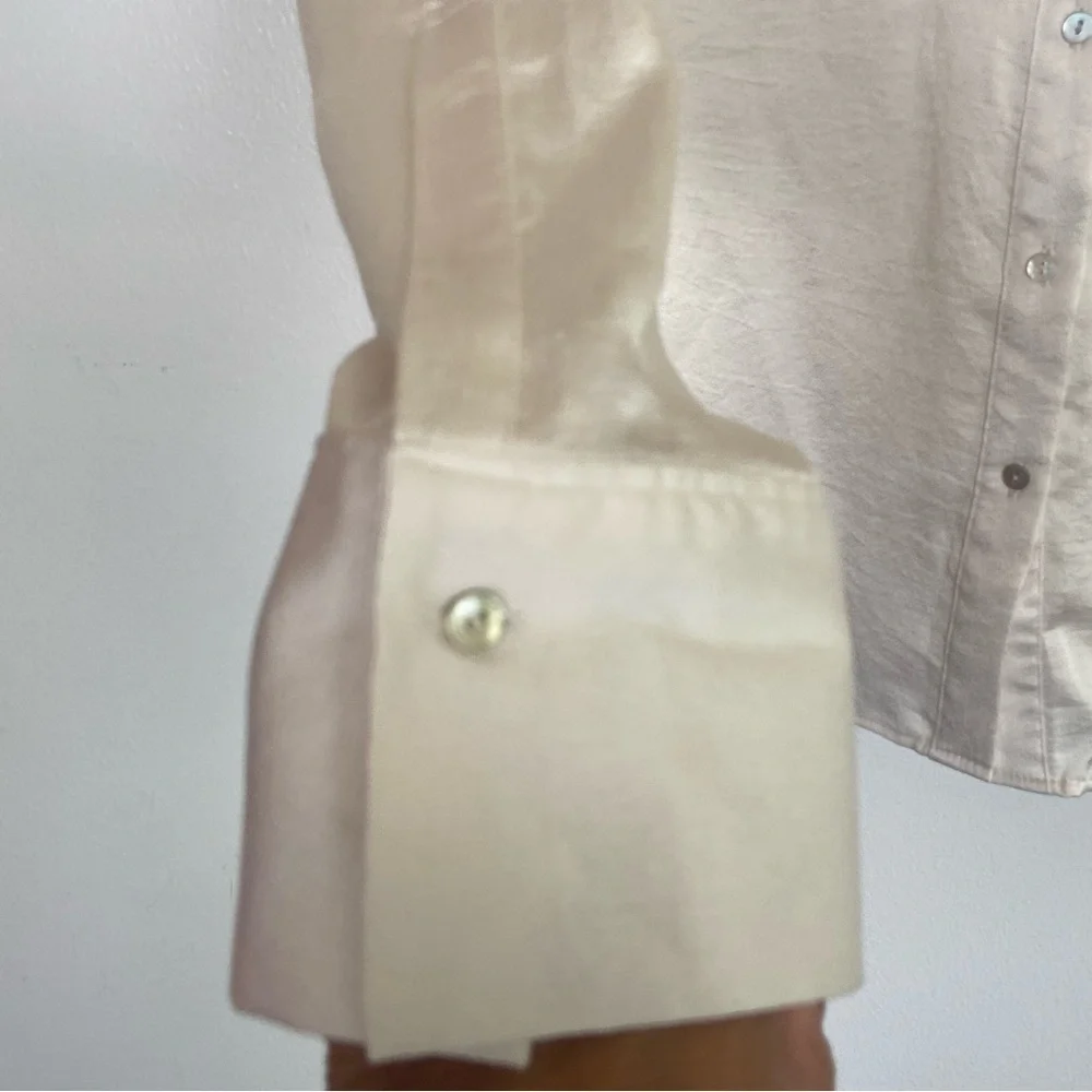Zara Basic Women's Satin Top L Cream Nerd Preppy Mother Pearl Button Long Sleeve
